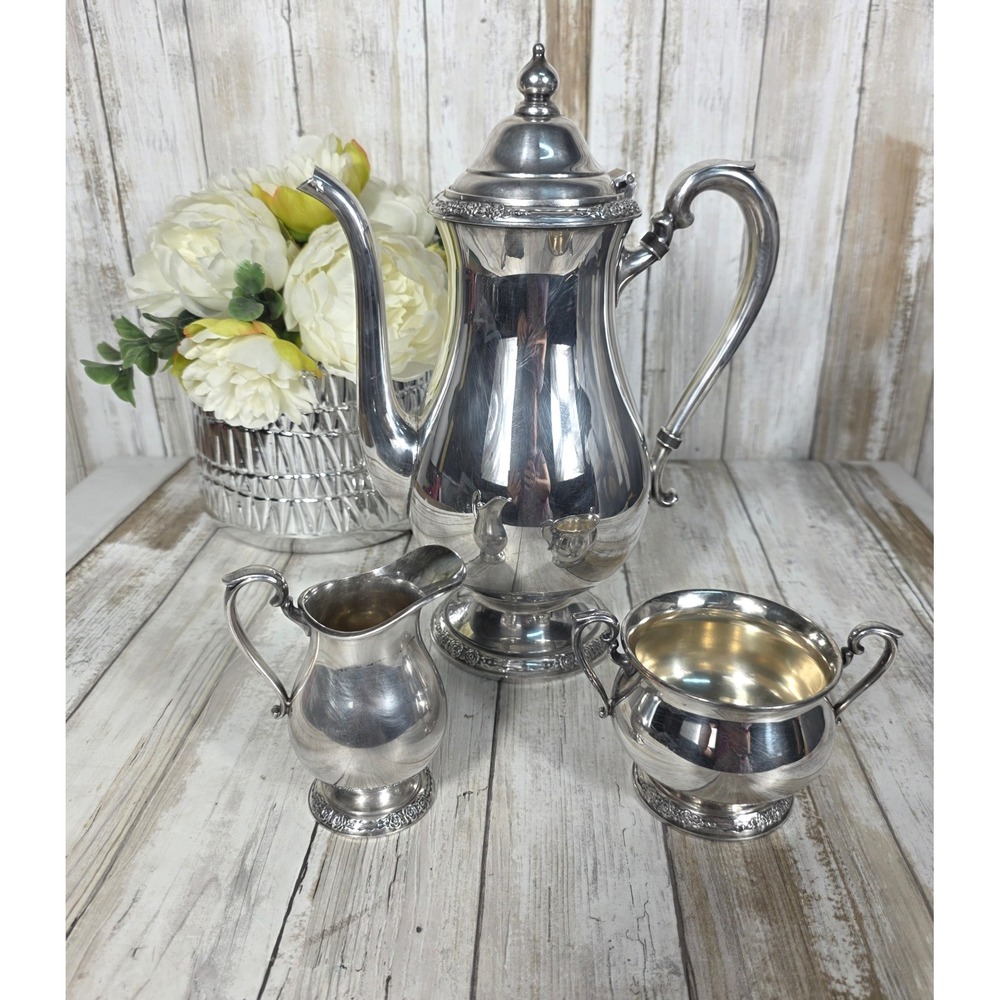 Vintage Silver Plated Coffee Pot Sugar Bowl and Creamer Set Floral Trim 3 Piece - Picture 4 of 16
